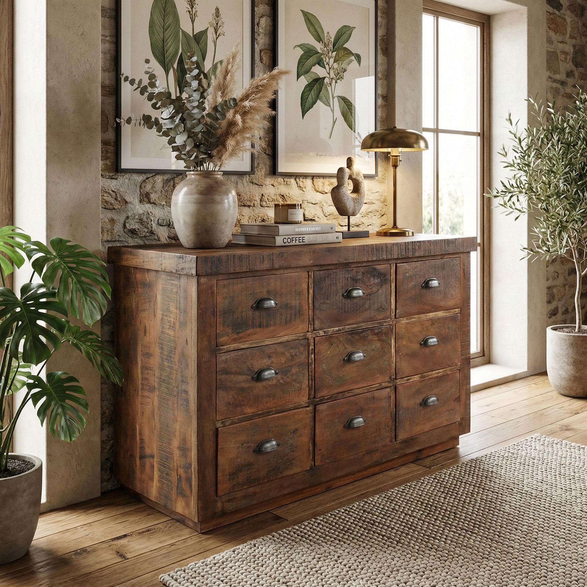 Handgefertigte Kommode mit Metallgriffen im Vintage-Stil in einem stilvollen Wohnambiente | STUFF Loft