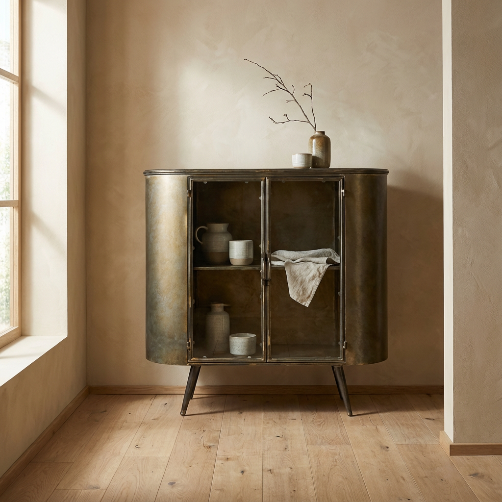 Messingfarbener Vitrinenschrank Spacer im modernen Wohnambiente | PTMD bei STUFF Shop kaufen