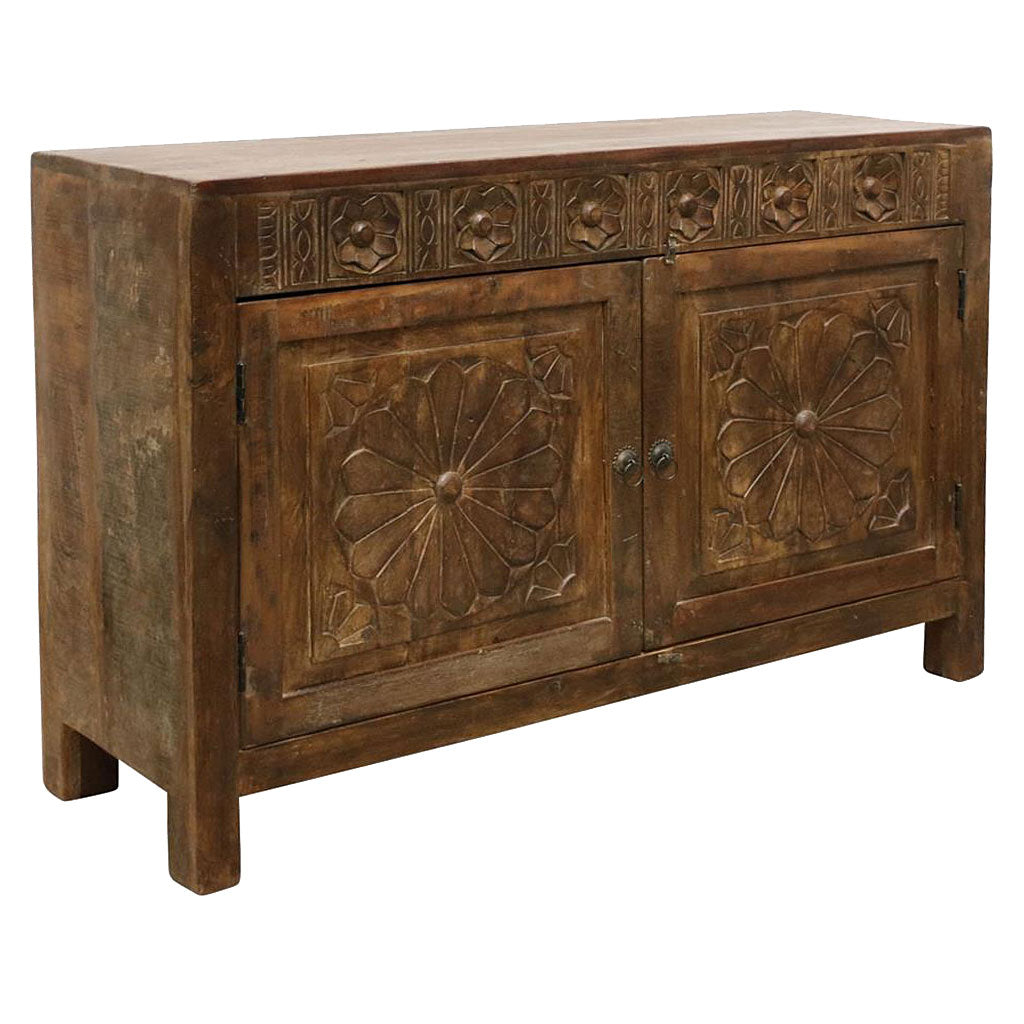 Sideboard Flower aus der Heritage Kollektion mit handgeschnitzten Blumenmotiven, gefertigt aus recyceltem Holz | STUFF Shop