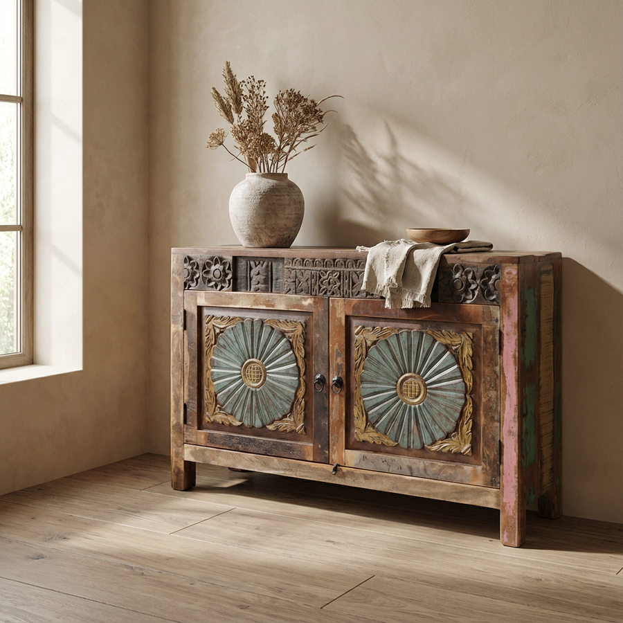 Farbenfrohes Sideboard Flower aus recyceltem Altholz mit floralen Schnitzereien | STUFF Loft