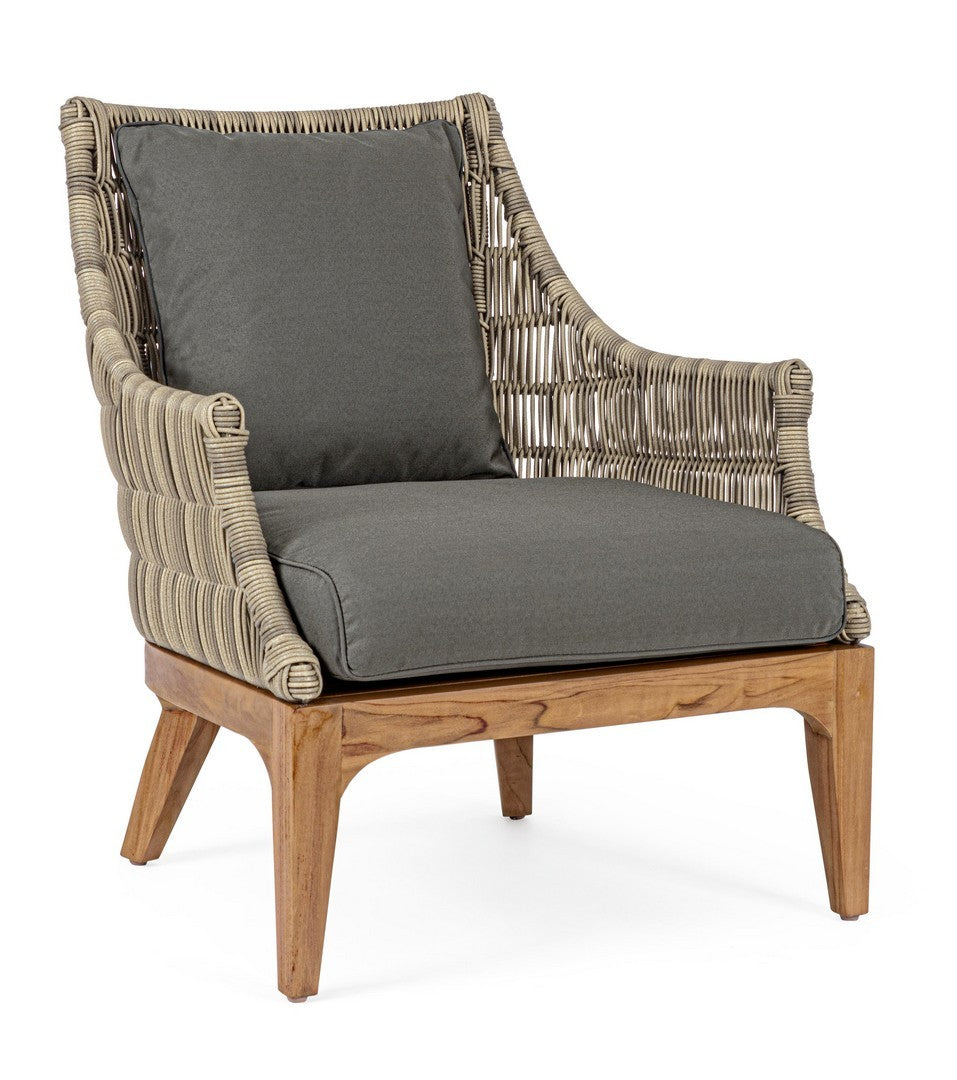 Outdoor Sessel Keilani mit Holzgestell und grauem Sitzkissen für Garten und Terrasse