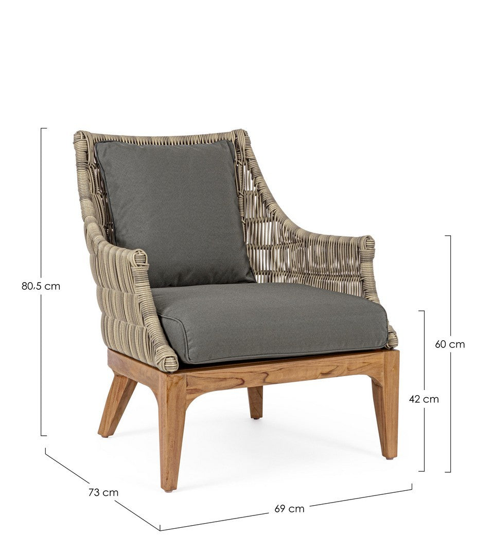Outdoor Sessel Keilani mit Holzgestell und grauem Sitzkissen für Garten und Terrasse