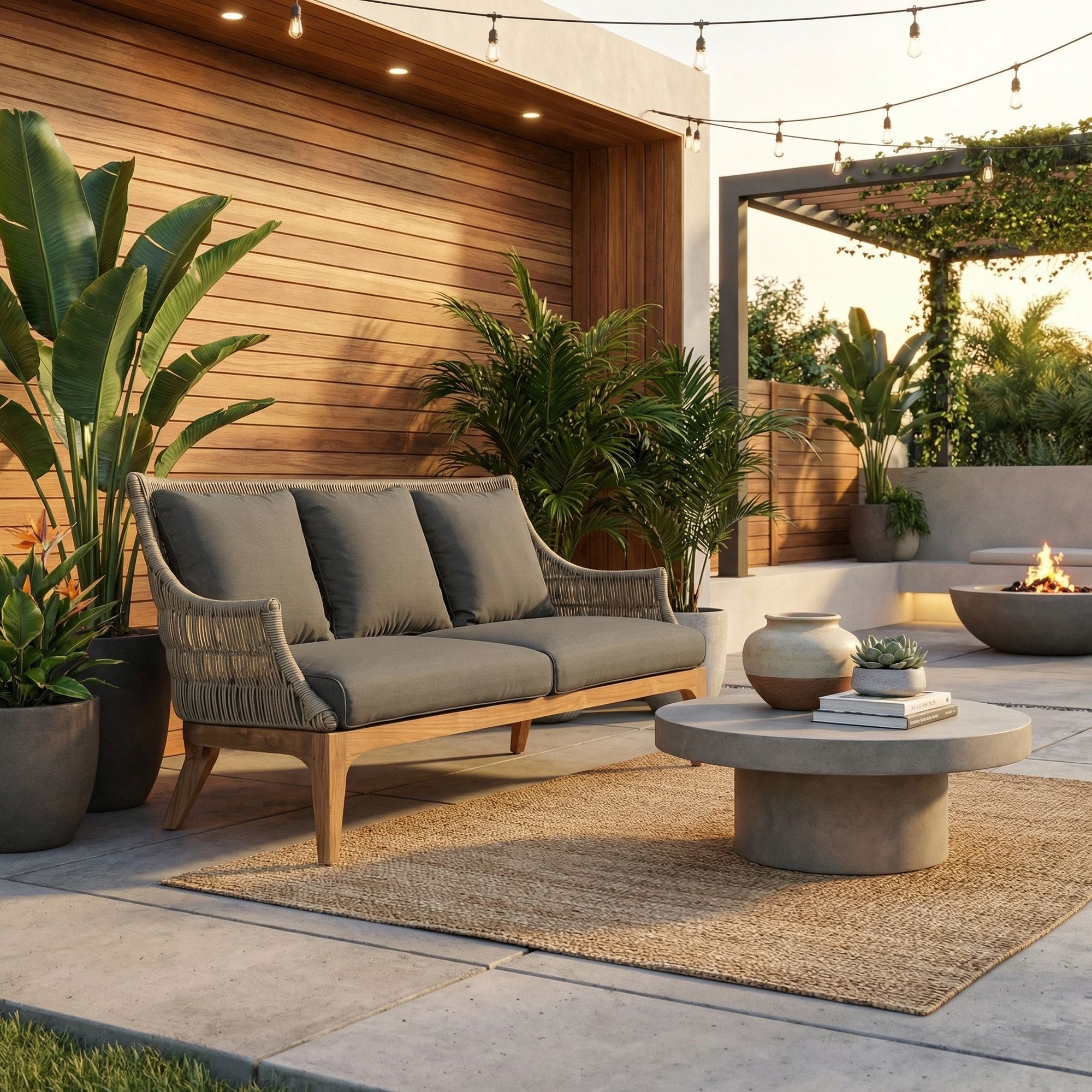 Garten Lounge Sofa Keilani mit Holzgestell und geflochtener Rückenlehne