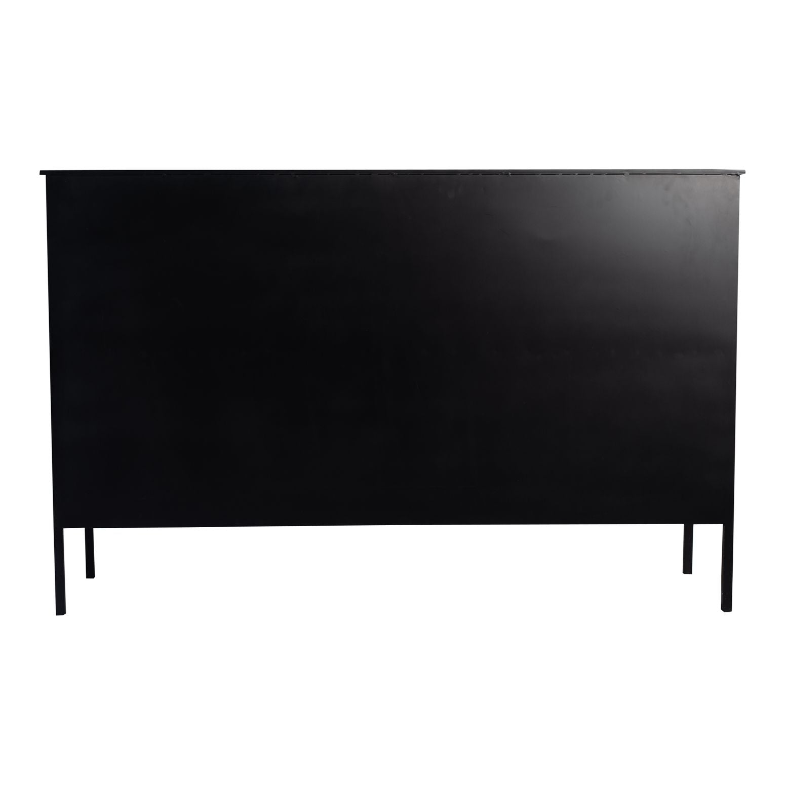 Ansicht von hinten des Cave Black Iron Cabinet Low zeigt die Eleganz des Metallgestells.