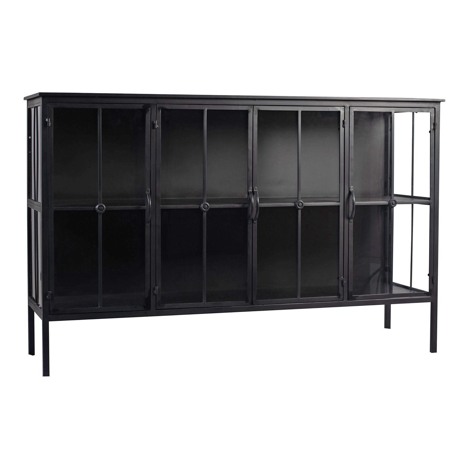 Frontansicht des Cave Black Iron Cabinet Low Sideboard mit geschlossenen Türen.