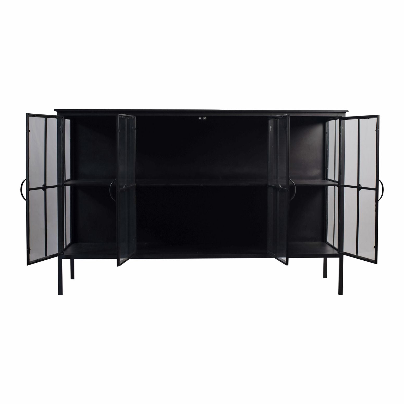 Frontansicht mit geöffneten Türen des Cave Black Iron Cabinet Low Sideboard mit geschlossenen Türen.