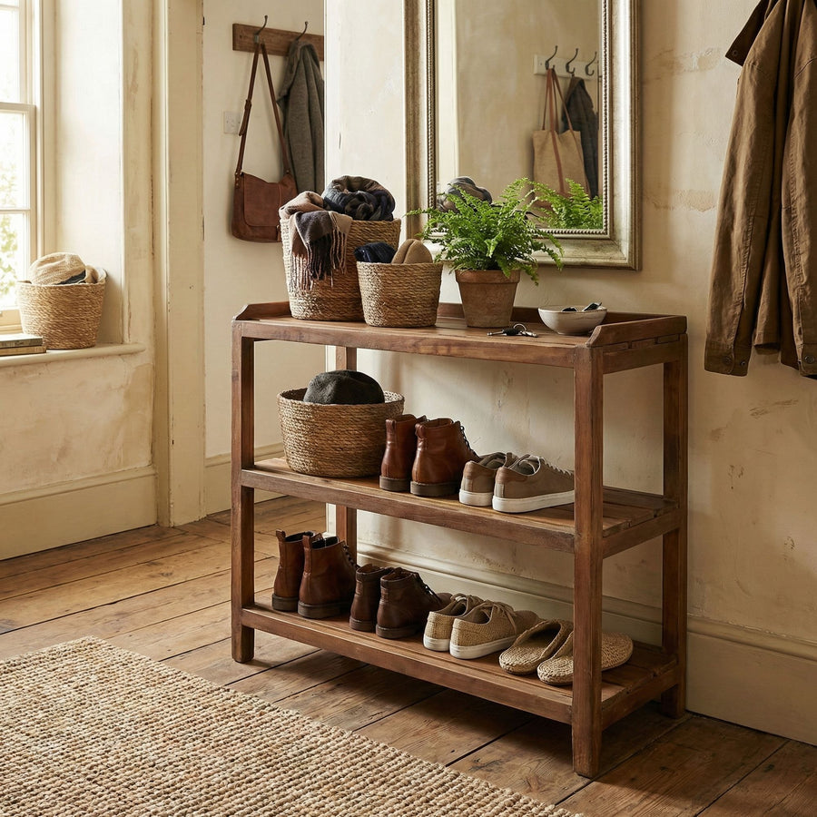 Offenes Schuhregal aus massivem Teakholz mit drei Ablagen und oberer Ablage | STUFF Loft