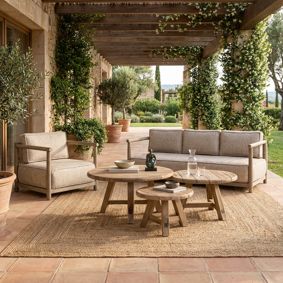 Outdoor Coffee Table Coffee Table Anton Set Of 3 im Ambiete mit Sessel und Sofa Mieke | Gommaire bei STUFF Shop kaufen