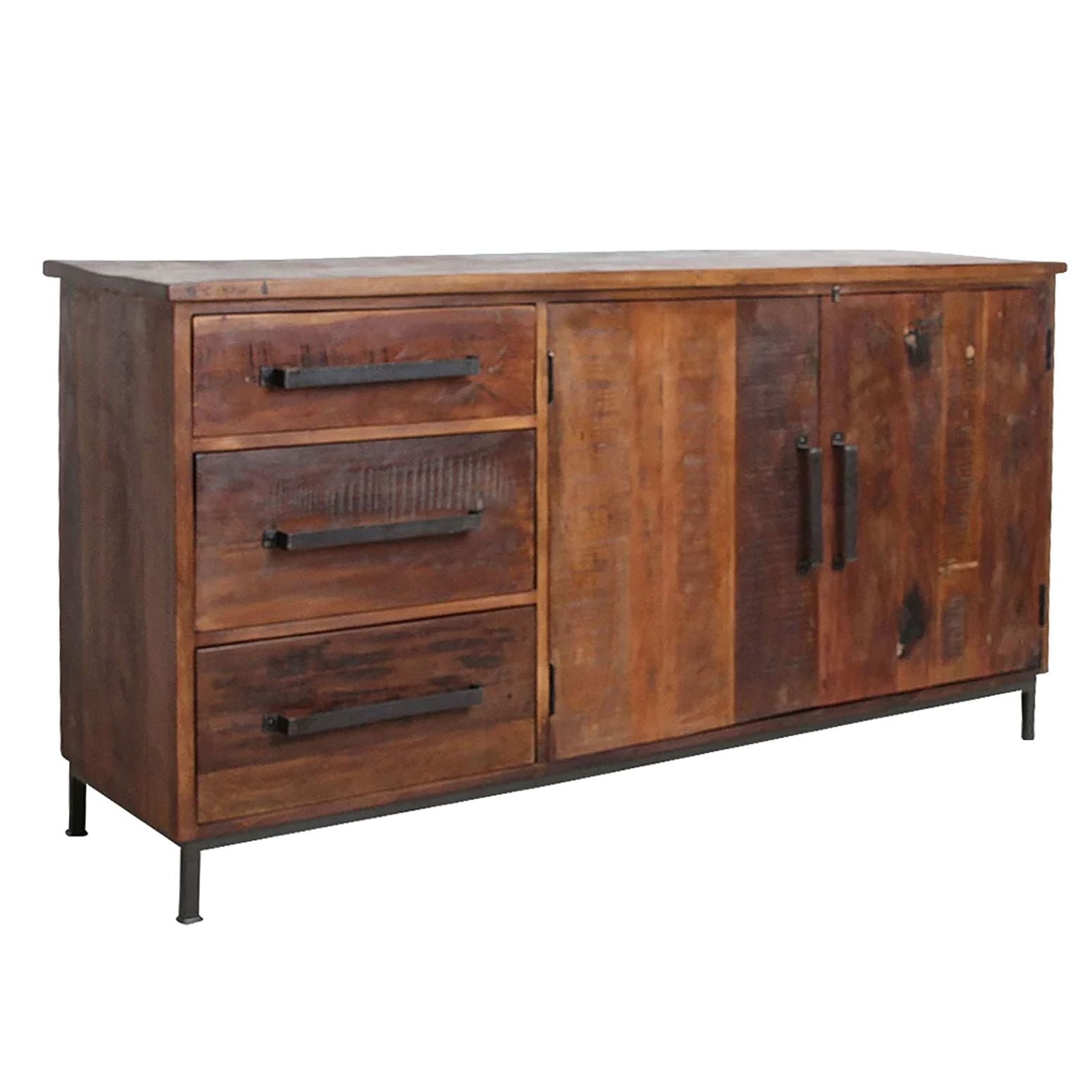 Sideboard 'Factory Charme' aus recyceltem Holz mit zwei Türen und drei Schubladen, nachhaltige und stilvolle Stauraum-Lösung.