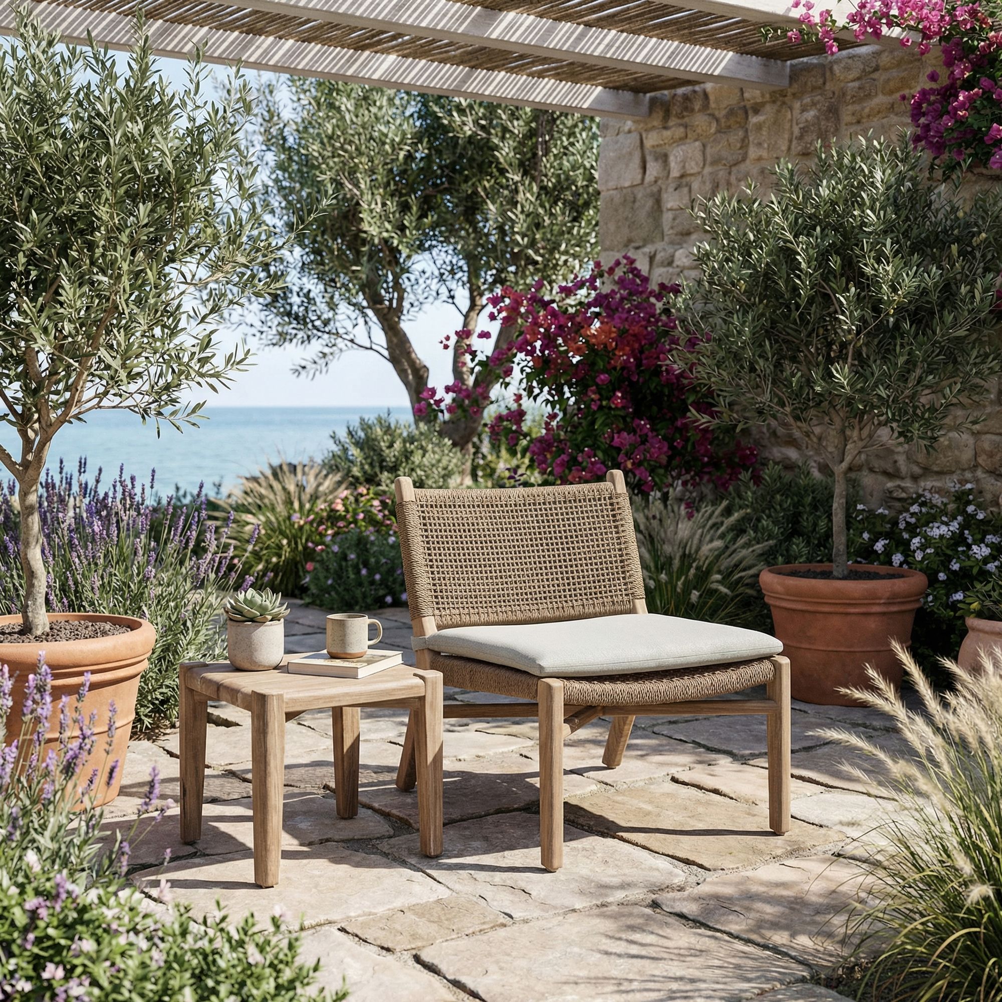 Sessel Fiona Teak aus massivem Teakholz Natural Grey mit handgeflochtener Rückenlehne aus PE Wicker Antique Weed | optional mit Sitzpolster