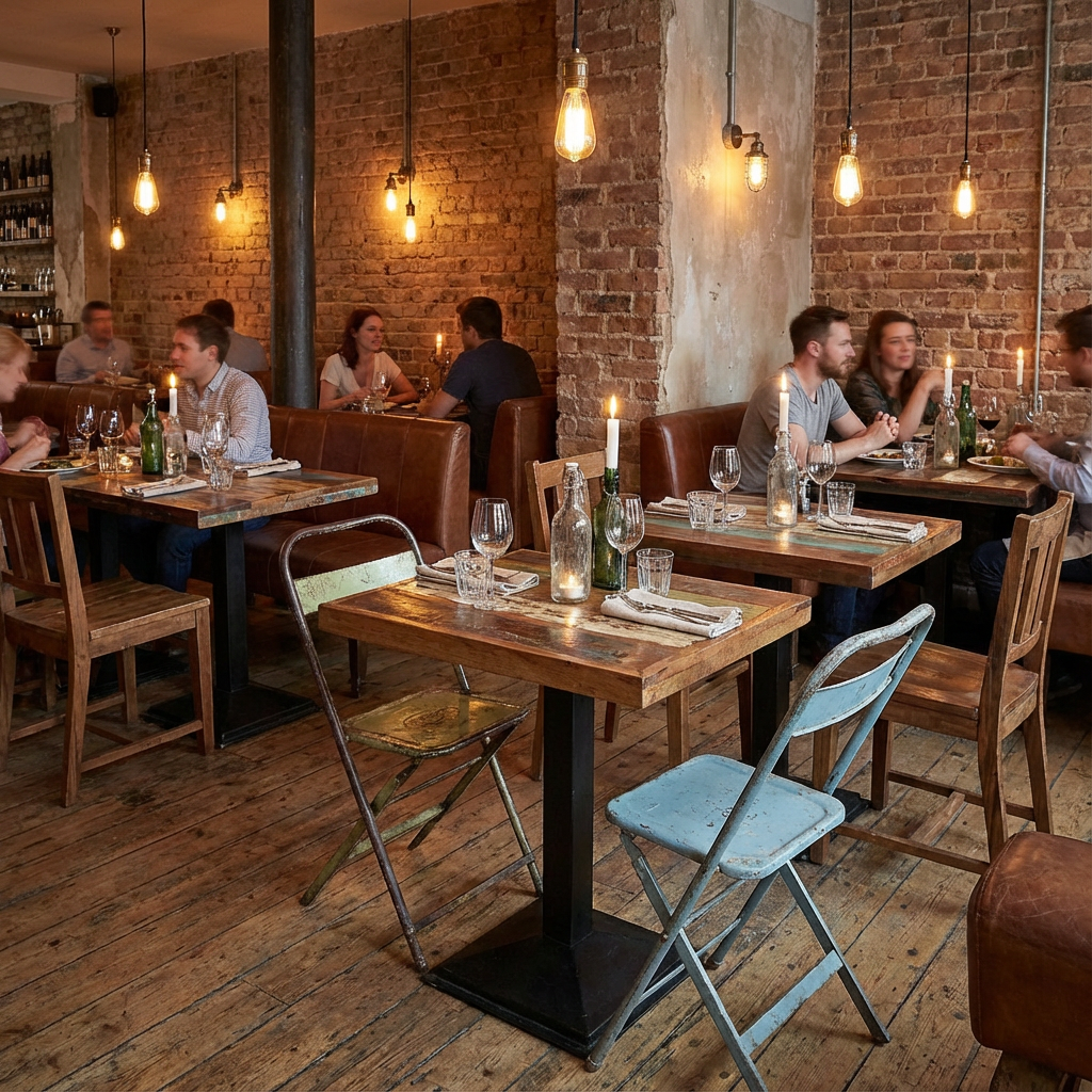 Klappbarer Bistrostuhl aus Eisen Farbmix in einer Gastronomie Einrichtung | STUFF Loft