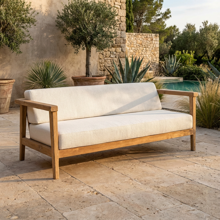 Outdoor-Sofa Copenhague aus Teakholz Natural Grey | kombinierbares Lounge-Sofa mit optionalen Outdoor-Polstern in Knelout, Knelout Deluxe, Ktextout oder Ktextout Deluxe | STUFF Shop