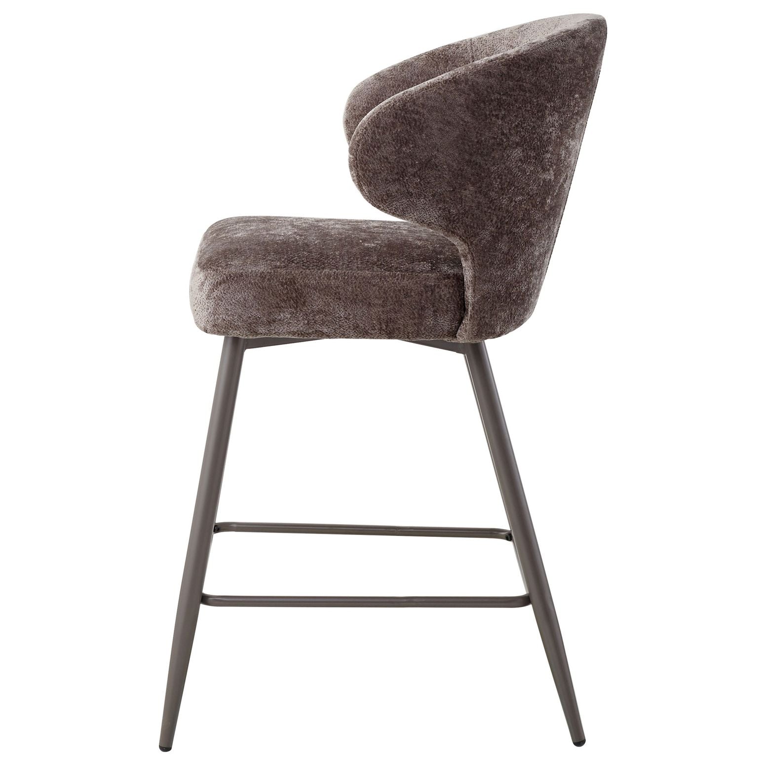 Der Barhocker Ares in Grey mit weicher Polsterung und eleganten moccafarbenen Metallfüßen für zeitlose Bar-Eleganz.