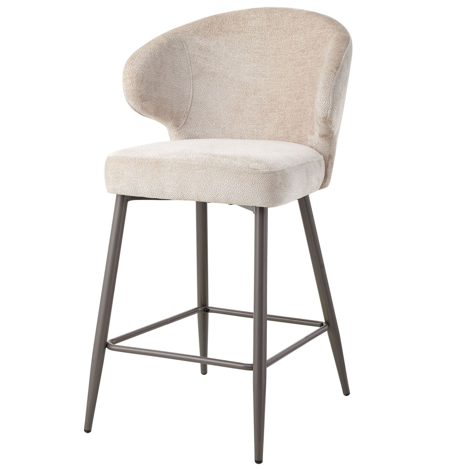Der Barhocker Ares in Creme mit weicher Polsterung und eleganten moccafarbenen Metallfüßen für zeitlose Bar-Eleganz.
