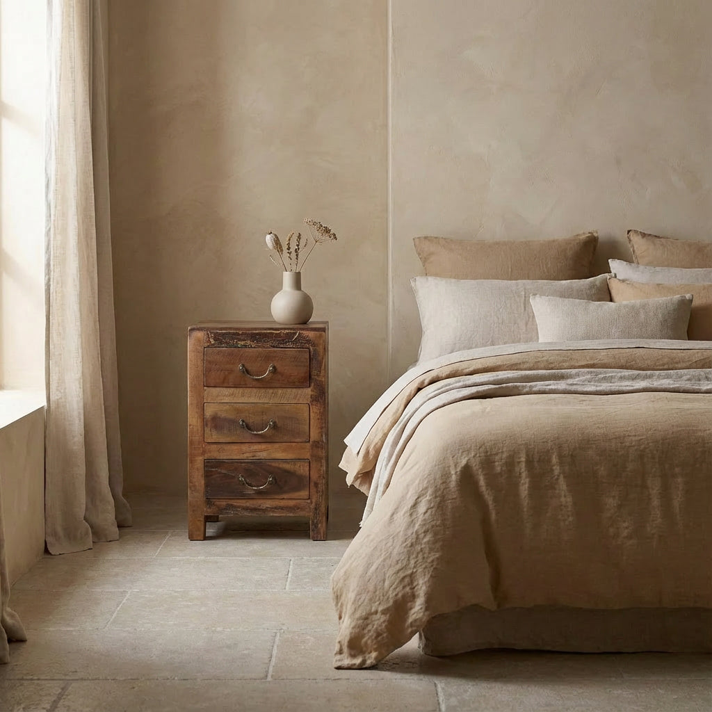 STUFF Loft Factory Nachttisch am Bett aus recyceltem Holz mit handgefertigten Schubladengriffen