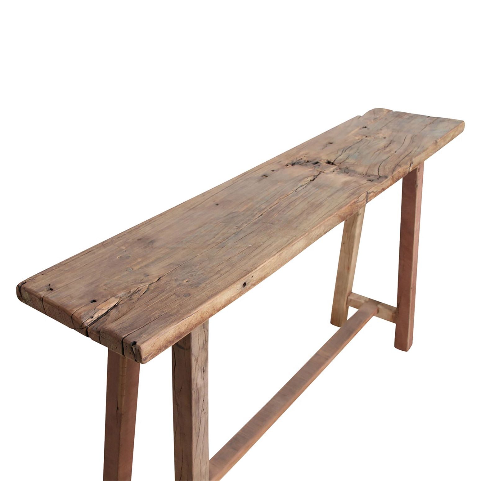 Große rustikale Konsole 'Eleganza' aus recyceltem Altholz, mit natürlichen Gebrauchsspuren und Maserungen, Maße 140x80x30 cm.