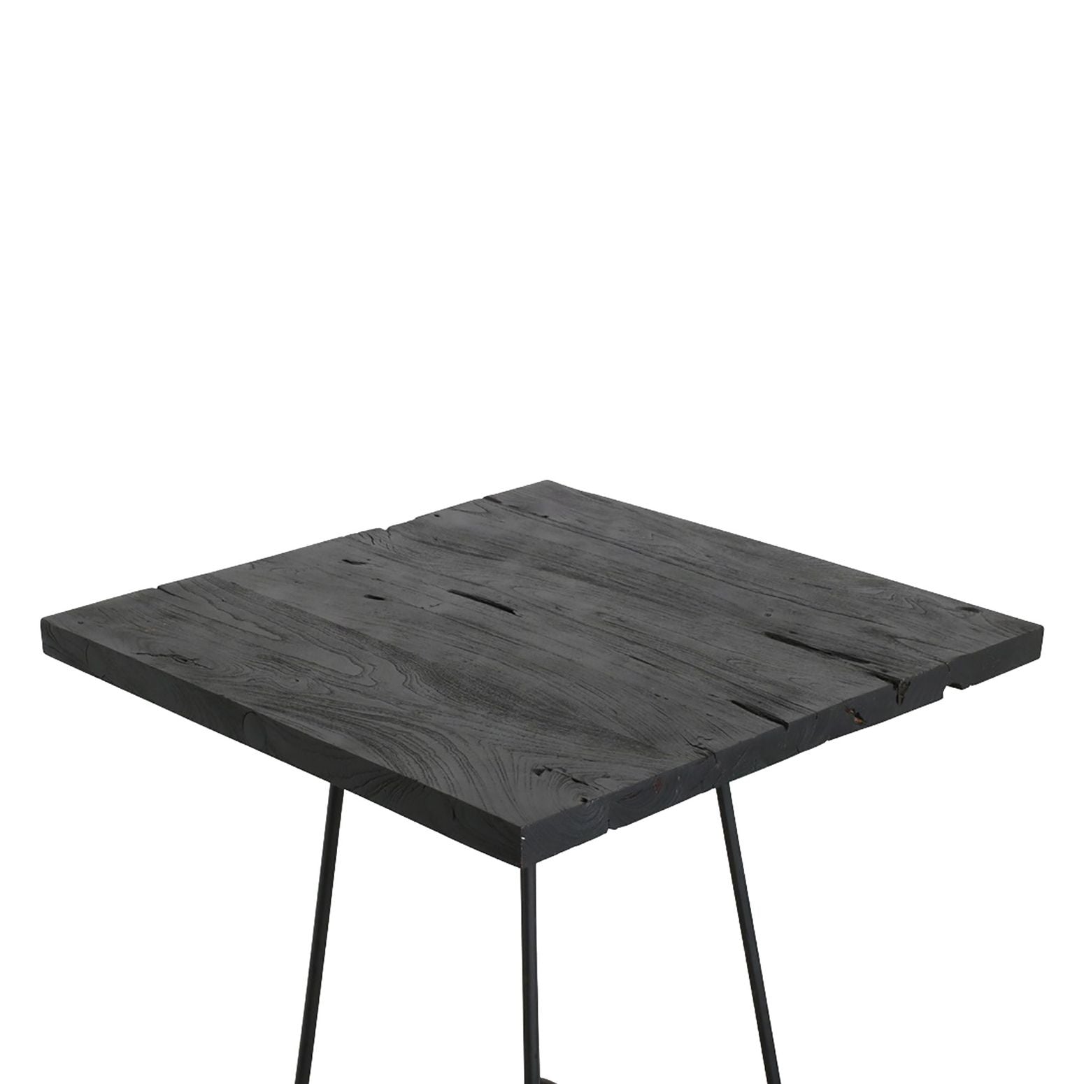 Moderner Loft-Style Bartisch mit schwarzer Teakholzplatte und geometrischem Metallgestell, ideal für stilvolle Gastronomieumgebungen, Maße 70x70x4 cm.
