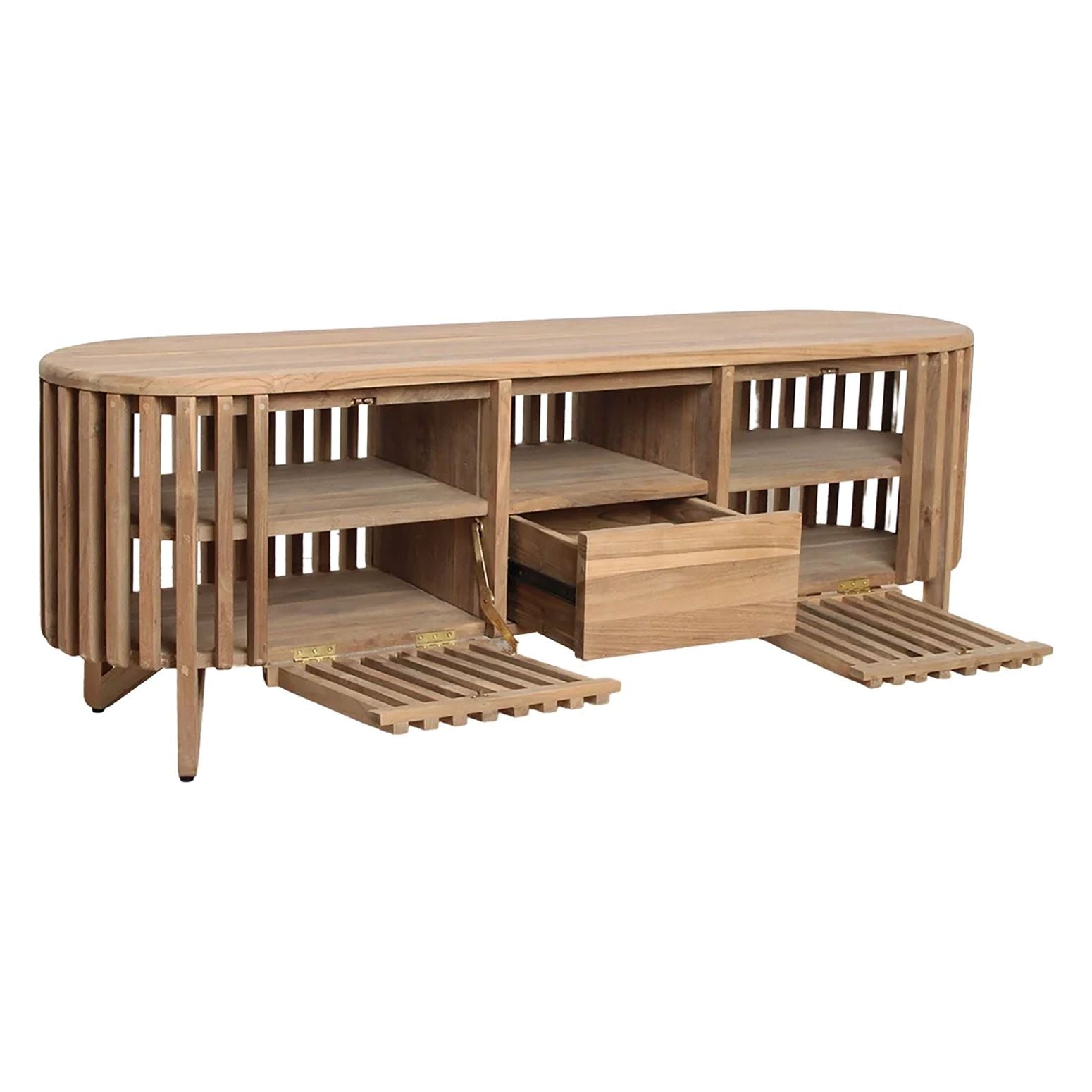 Loovre TV-Konsole aus FSC-zertifiziertem recyceltem Teakholz mit einem offenen Lattendesign und großzügigem Stauraum, Maße 158x45x55 cm.