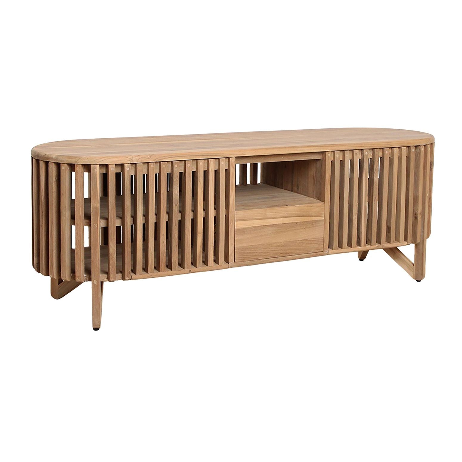 Loovre TV-Konsole aus FSC-zertifiziertem recyceltem Teakholz mit einem offenen Lattendesign und großzügigem Stauraum, Maße 158x45x55 cm.