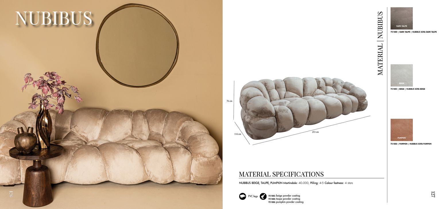 Informative Darstellung der Materialspezifikationen des Nubibus Sofas, inklusive Farbvarianten und Details zur Verarbeitung.