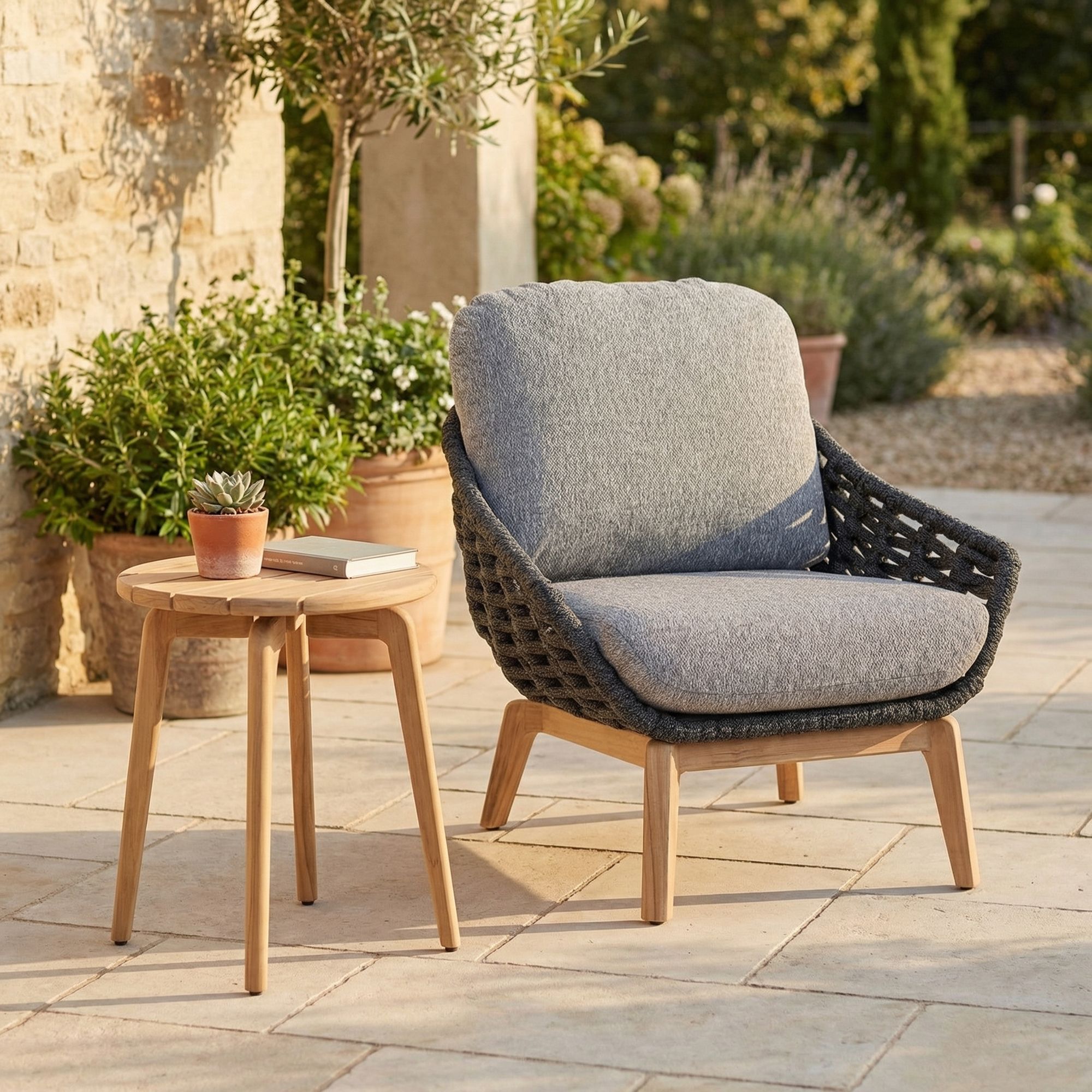 Tamires Luxus Outdoor Sessel in Anthrazit mit nachhaltigem Teakholz und wetterfestem Geflecht, kombiniert Exklusivität mit Komfort | Bizzotto bei STUFF Shop kaufen
