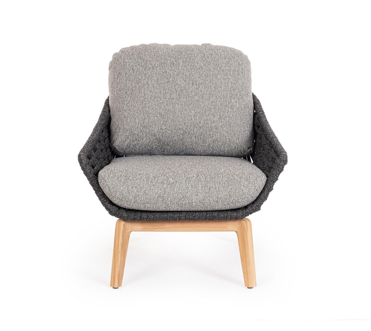 Tamires Luxus Outdoor Sessel in Anthrazit mit nachhaltigem Teakholz und wetterfestem Geflecht, kombiniert Exklusivität mit Komfort.