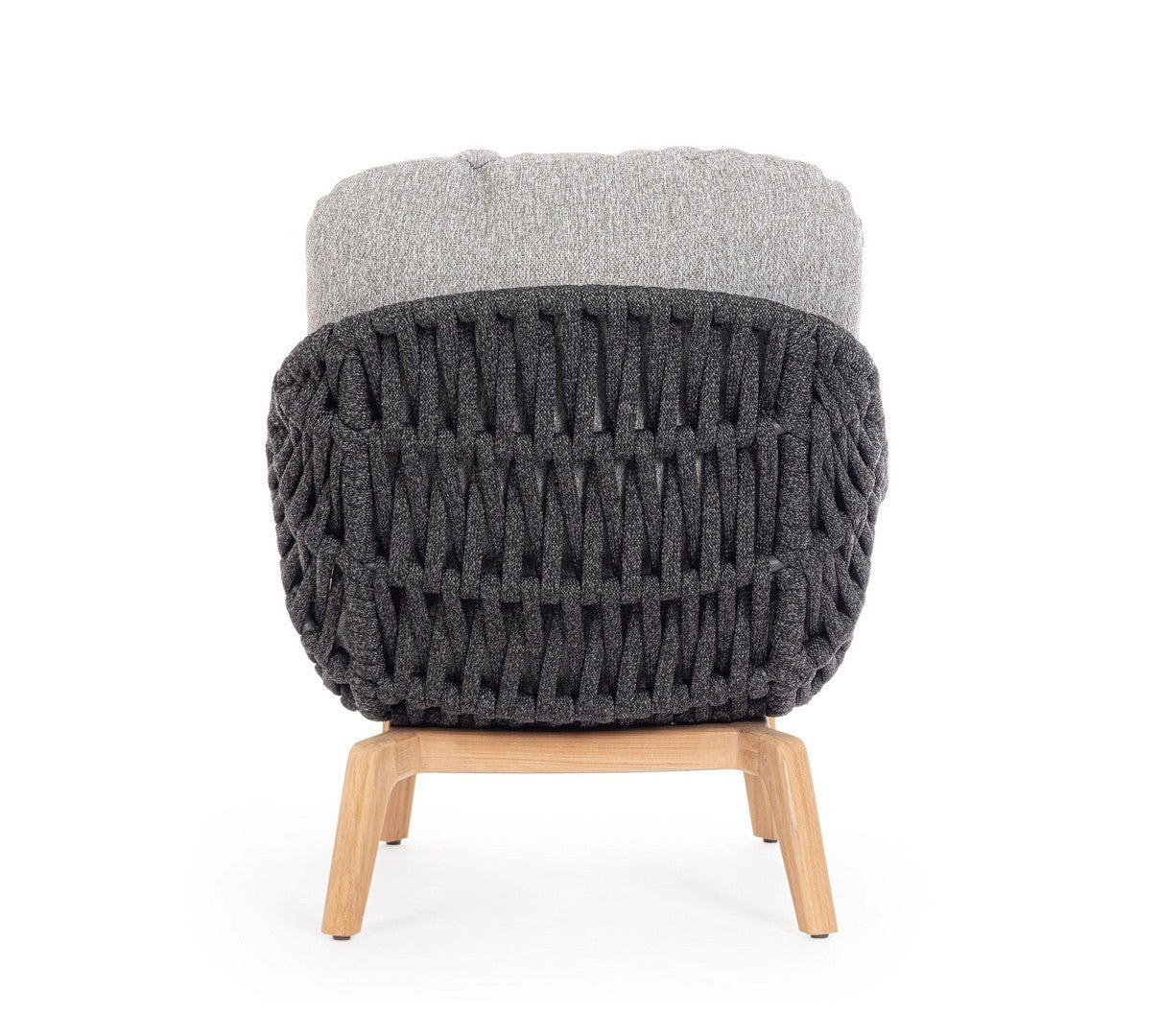 Tamires Luxus Outdoor Sessel in Anthrazit mit nachhaltigem Teakholz und wetterfestem Geflecht, kombiniert Exklusivität mit Komfort.