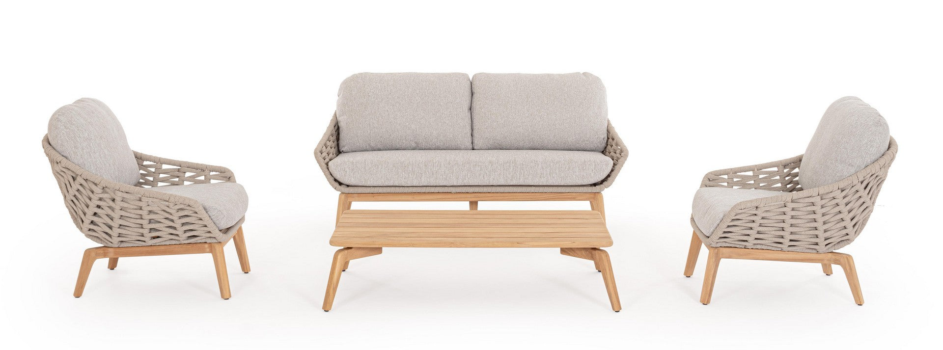 Tamires Luxus Outdoor Sessel in Beige mit nachhaltigem Teakholz und wetterfestem Geflecht, kombiniert Exklusivität mit Komfort.