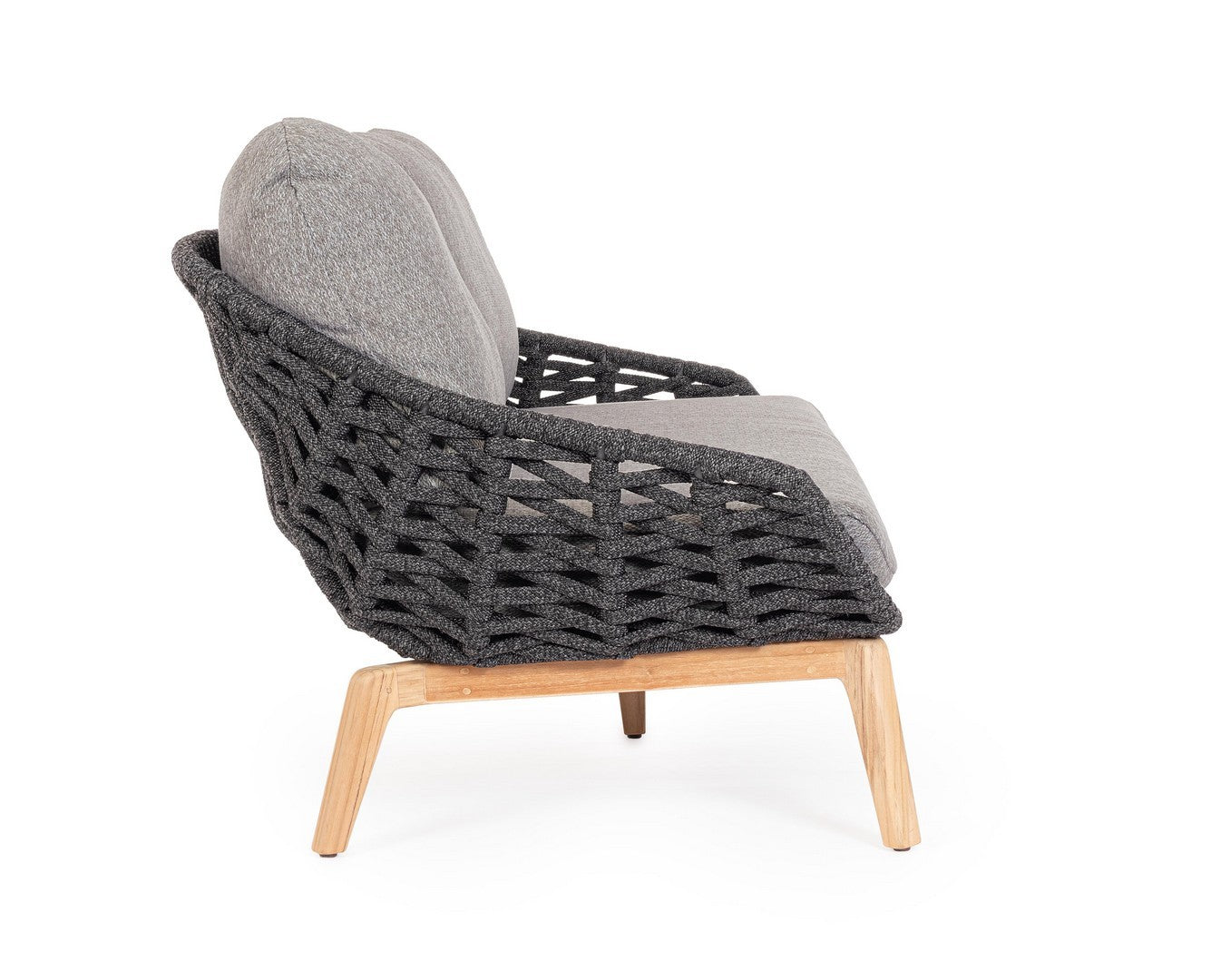 Seitliche Perspektive des luxuriösen Sofa Tamires mit nachhaltigem Teakholzgestell.