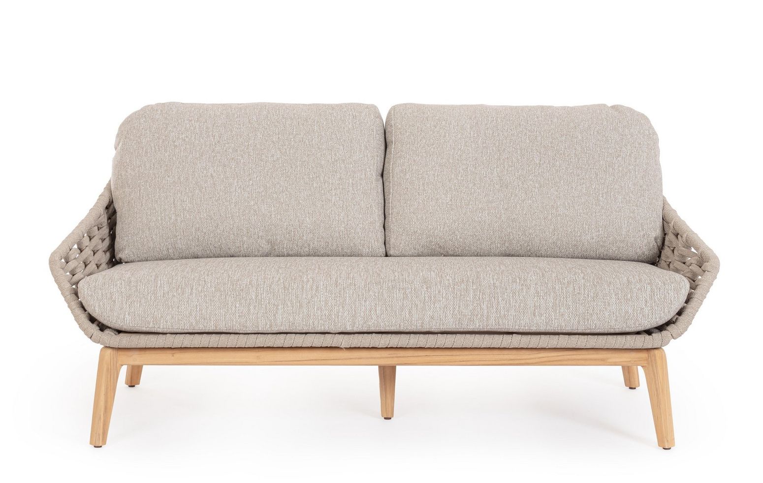 Vorderansicht des Sofa Tamires in Beige mit Teakholzbeinen und Seilgeflecht.