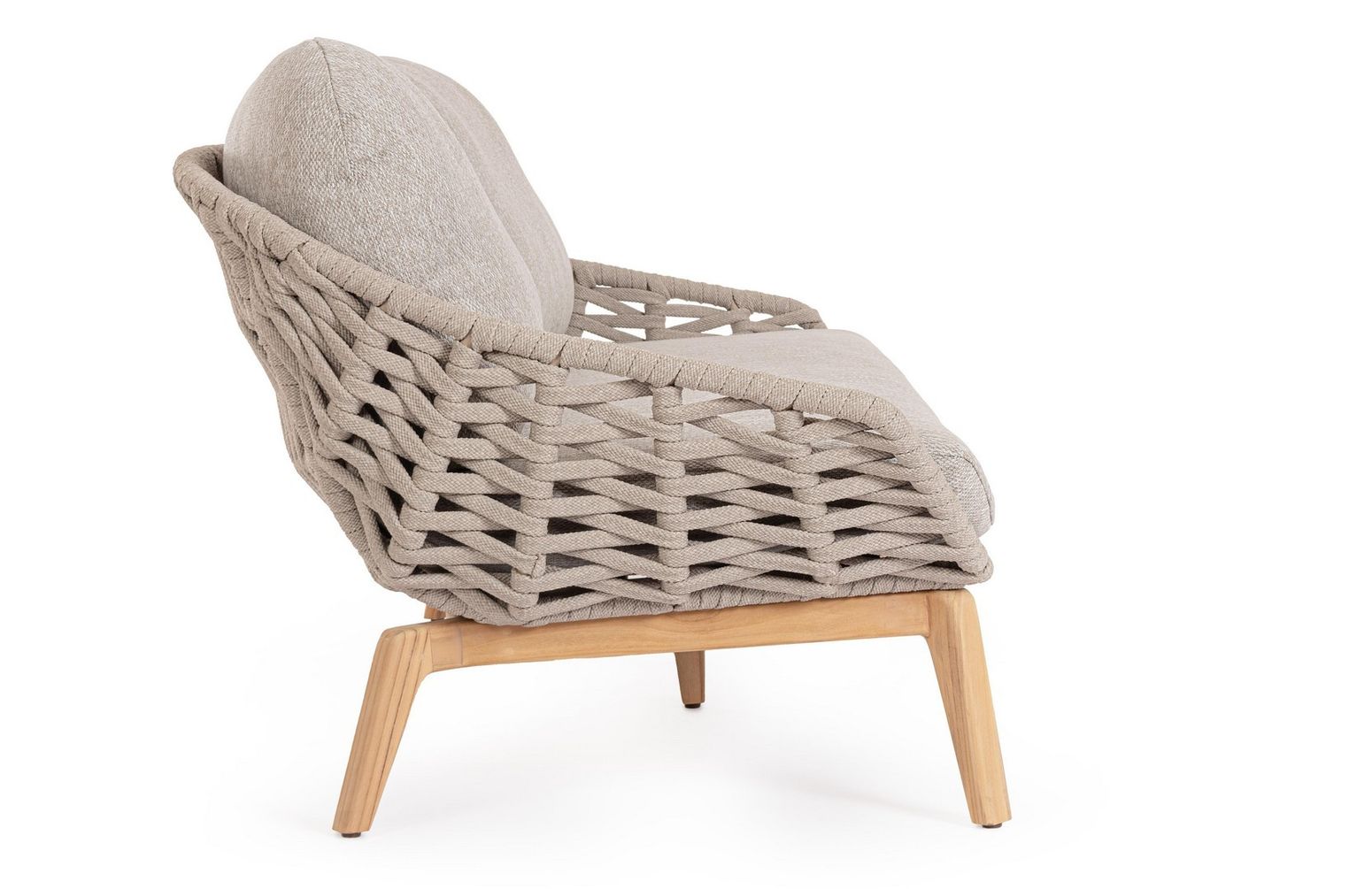Seitliche Perspektive des luxuriösen Sofa Tamires mit nachhaltigem Teakholzgestell.