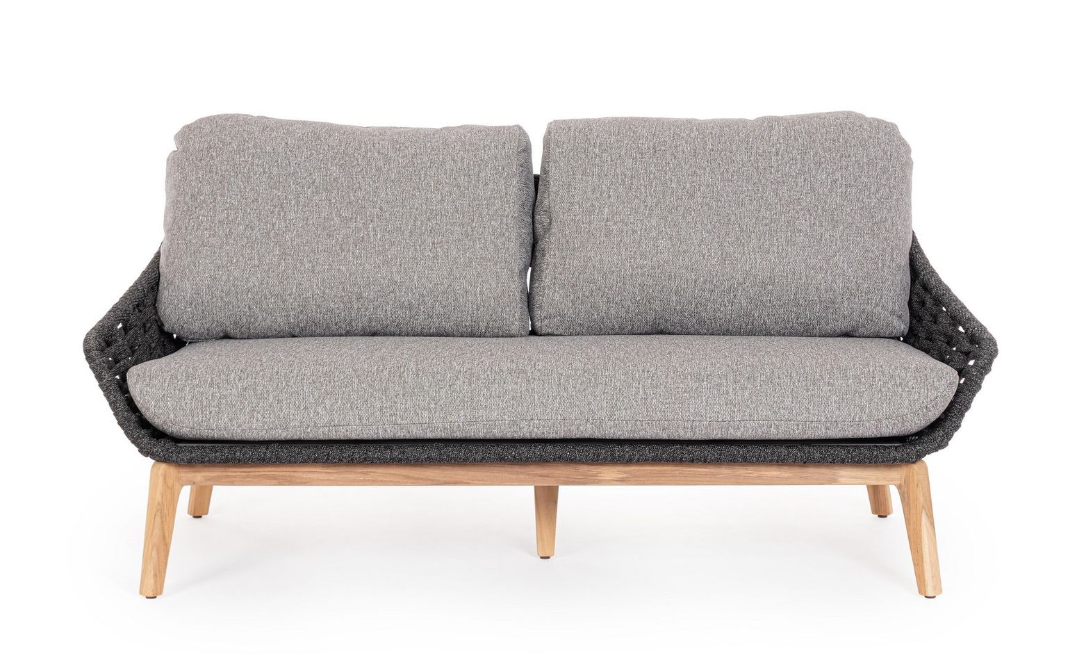 Vorderansicht des Sofa Tamires in Anthrazit mit Teakholzbeinen und Seilgeflecht.