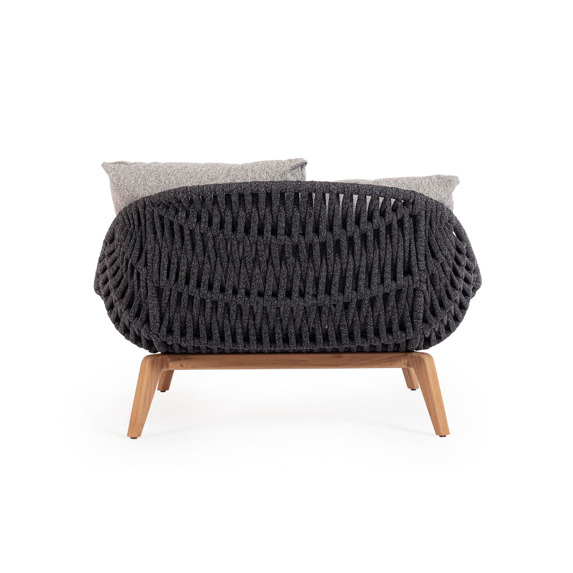 Rückansicht des Daybeds Tamires in Anthrazit, hervorgehoben durch das detailreiche Polypropylen-Seilgeflecht | Bizzotto bei STUFF Shop kaufen