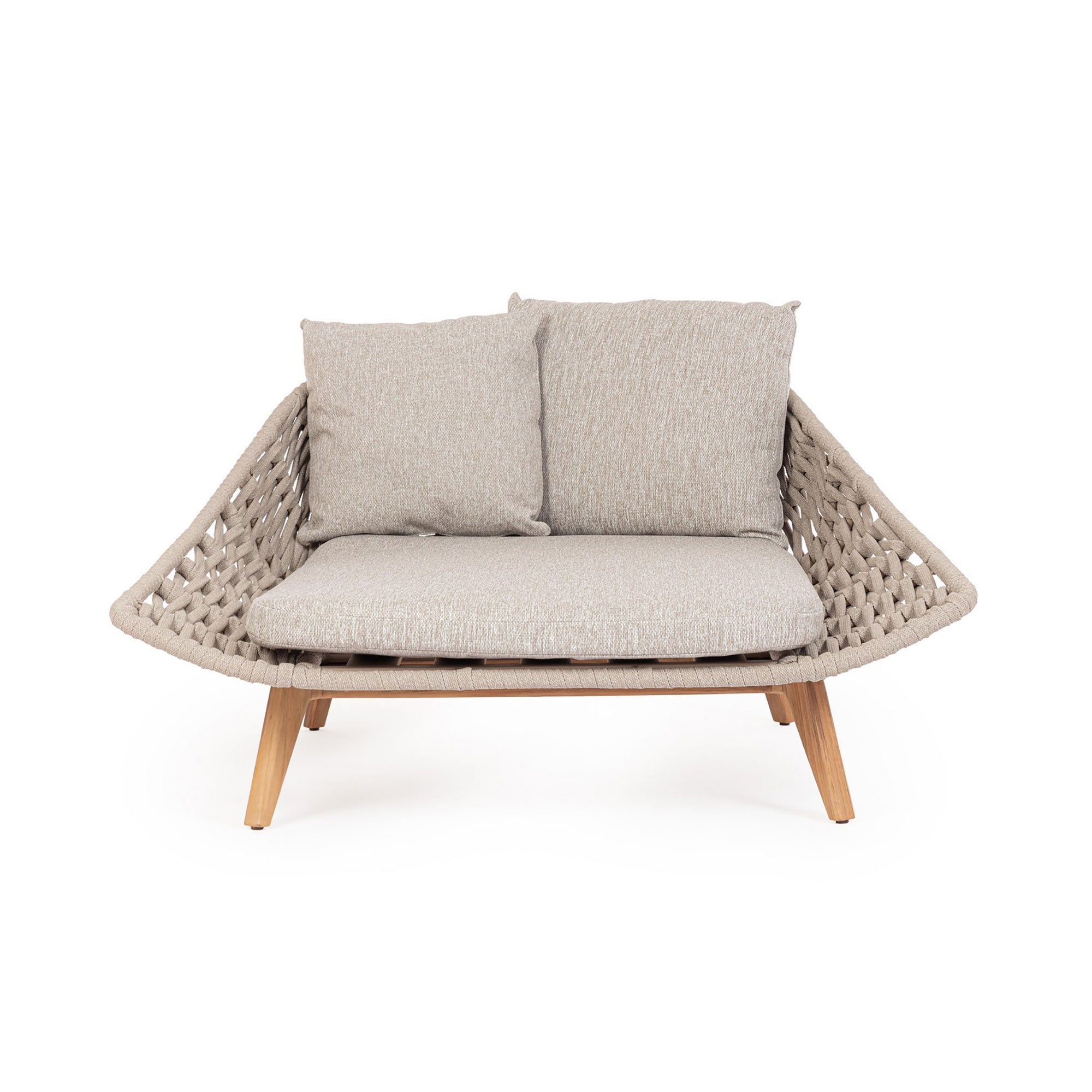 Frontansicht des Daybeds Tamires in Beige, perfekt kombiniert mit Kissen und Teakholzgestell | Bizzotto bei STUFF Shop kaufen