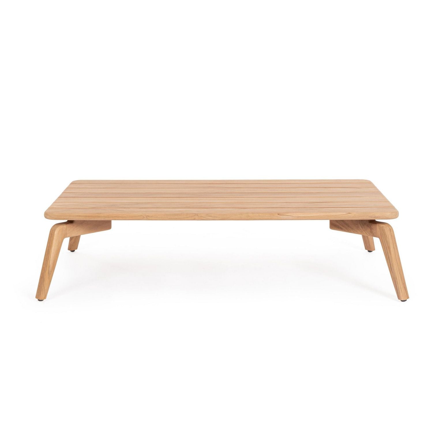 Seitenansicht des Couchtischs Tamires Outdoor, hervorhebend die Qualität des Teakholzes.