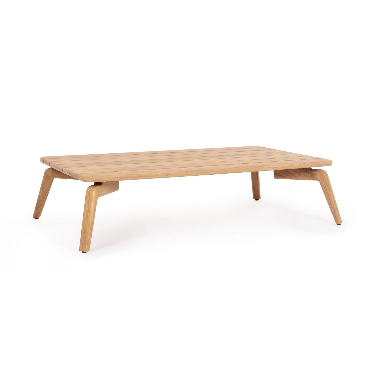 Couchtisch Tamires Outdoor aus Teak mit abgerundeten Beinen und gerillter Oberfläche.