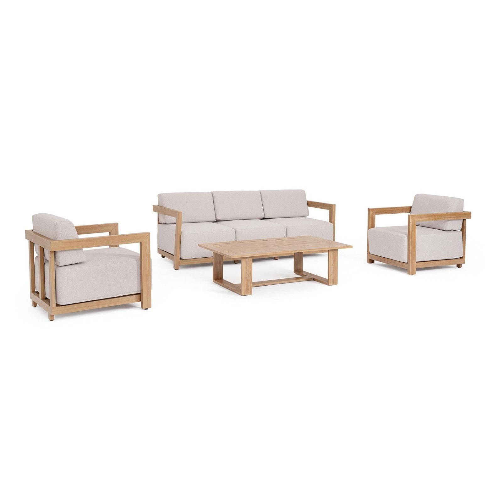 Lounge Set 4T Theseus Natur bestehend aus zwei Sesseln, Sofa und Tisch.