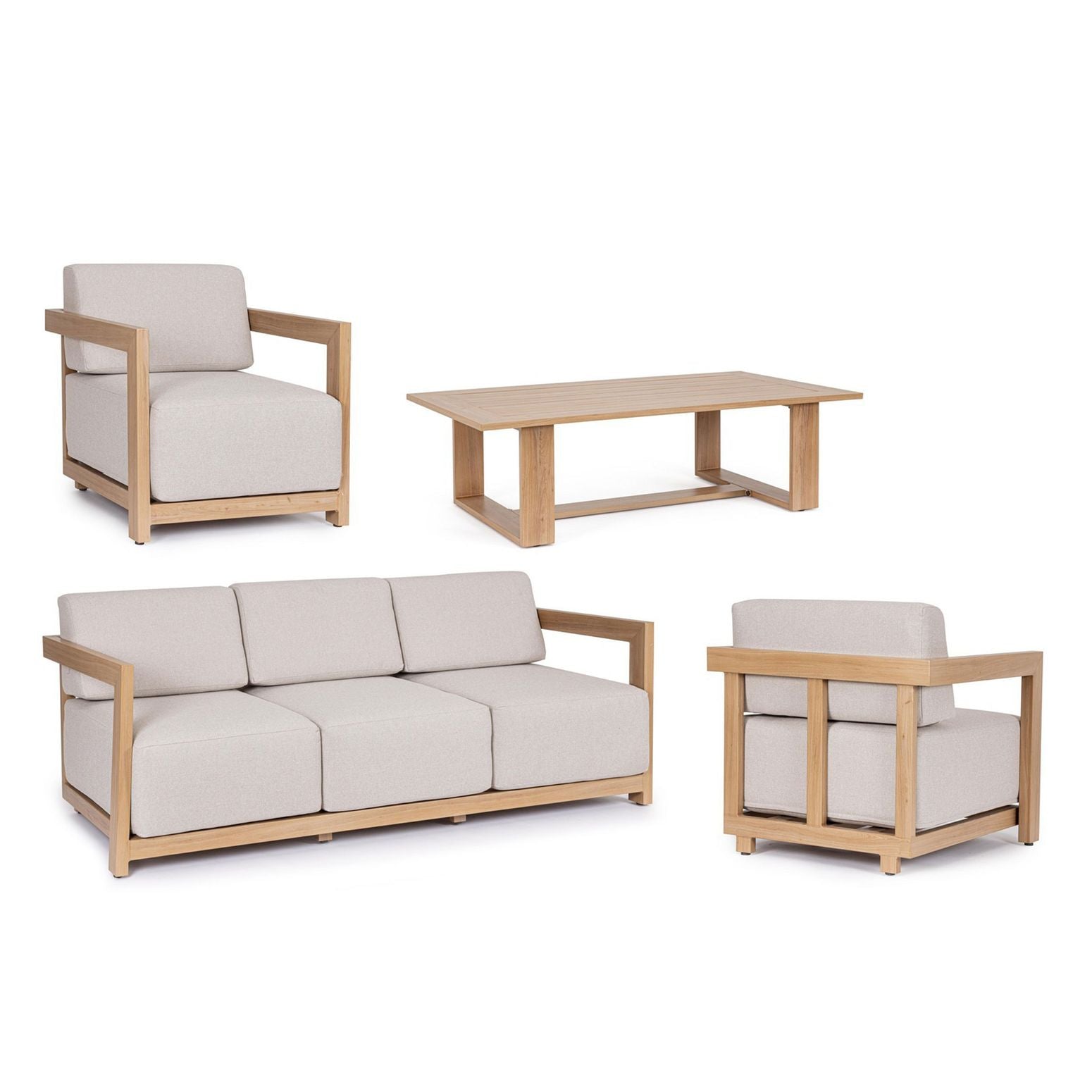 Lounge Set 4T Theseus Natur bestehend aus zwei Sesseln, Sofa und Tisch.