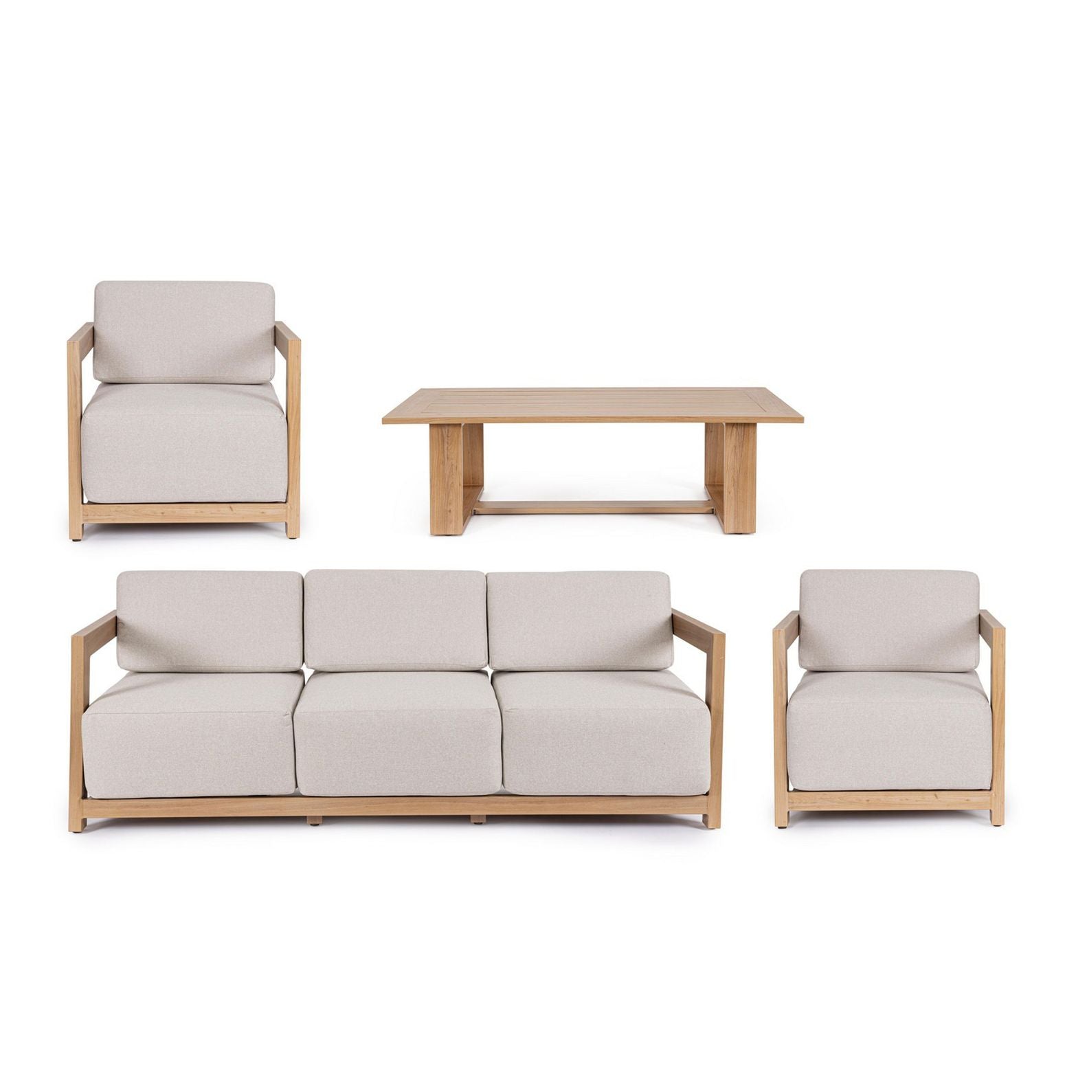 Frontansicht des Lounge Set 4T Theseus Natur mit Kissen und Tisch.