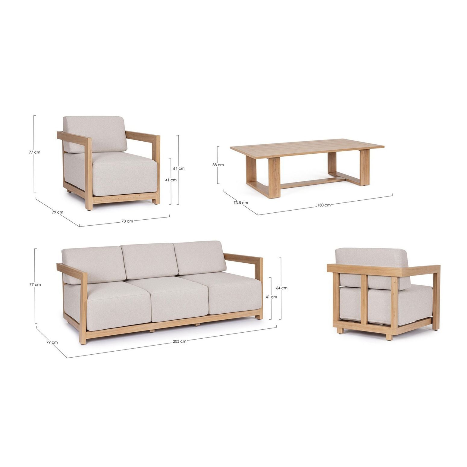 Einzelne Elemente des Lounge Set 4T Theseus Natur mit Maßen.