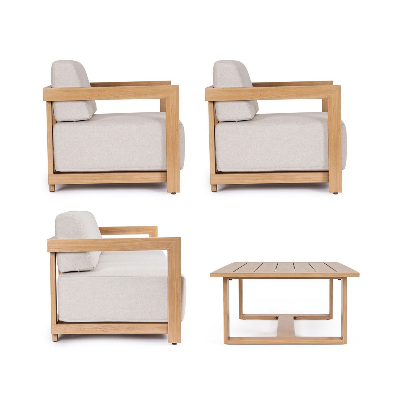 Seitenansicht des Lounge Set 4T Theseus Natur mit Sofa und Sesseln.