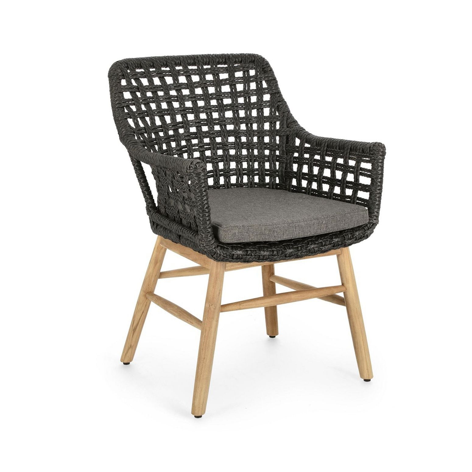 Stuhl Wilson Outdoor in Anthrazit mit offenem Geflecht und Teakholzbeinen