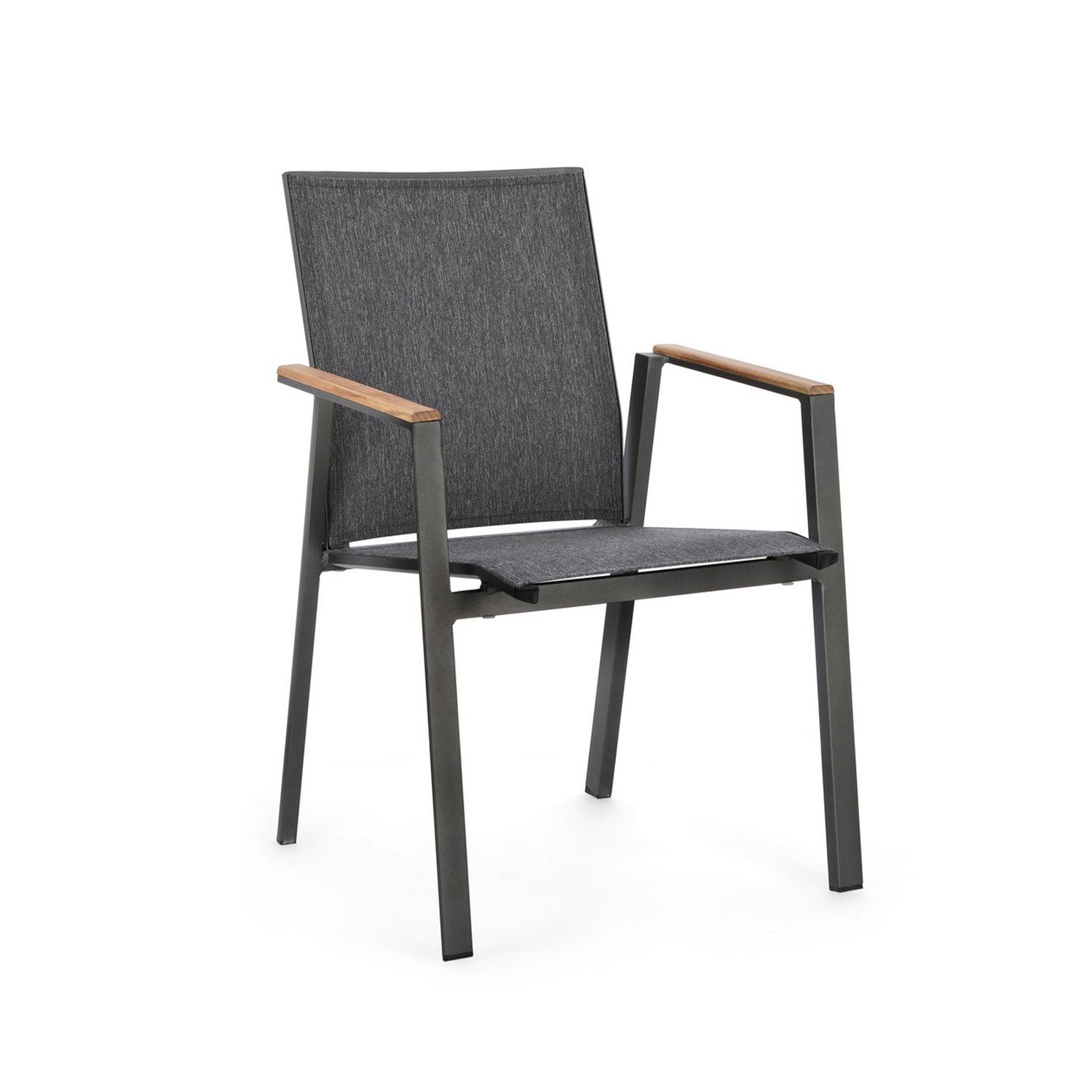 Moderner Outdoor Stuhl Cameron in Schwarz mit Teakholz-Armlehnen und Textilene-Bezug.