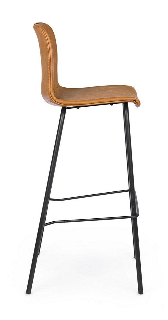 Barhocker Kyra Seitenansicht mit brauner PU-Ledersitzfläche und Metallgestell.