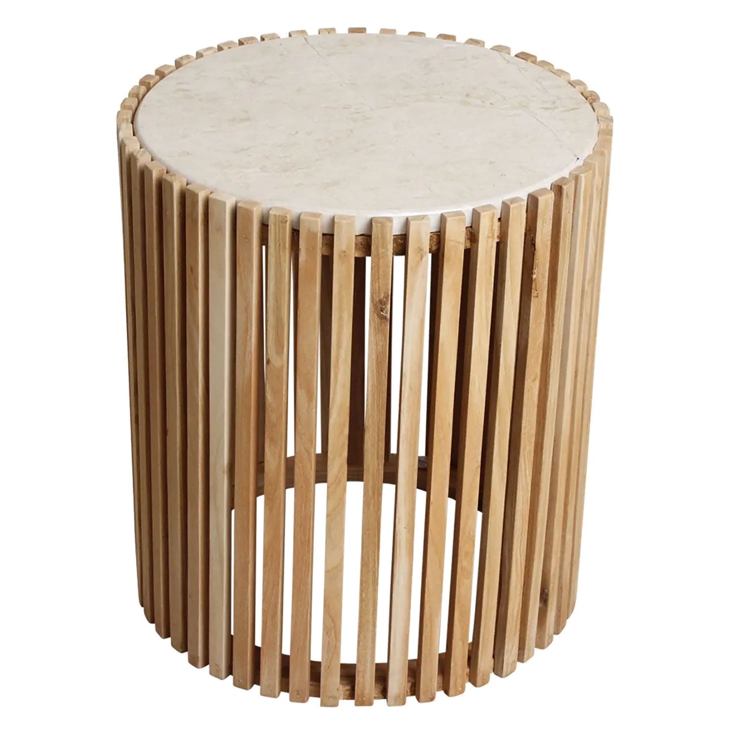 Infinity Beistelltisch Harmony mit natürlicher Marmorplatte und offenem Sungkai-Holzgestell.
