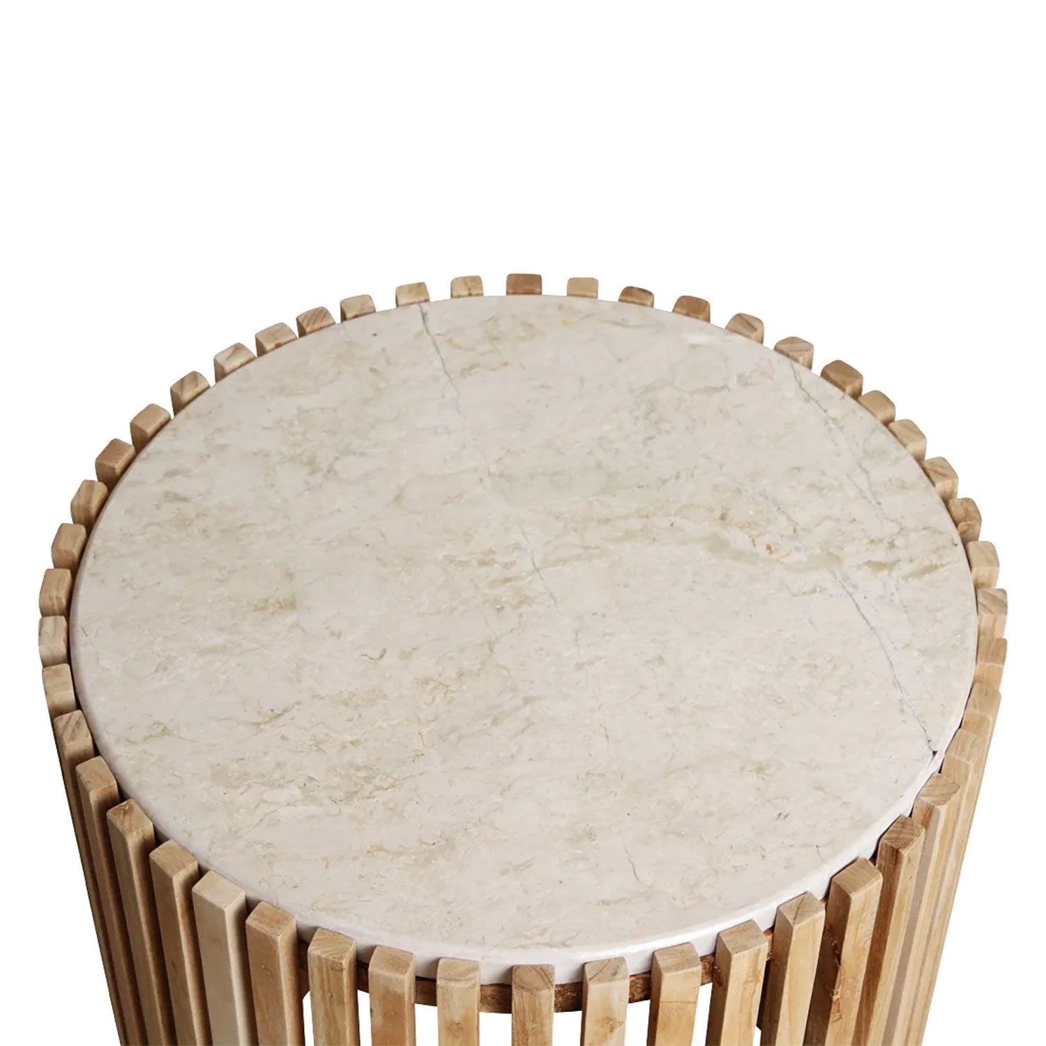 Infinity Beistelltisch Harmony mit natürlicher Marmorplatte und offenem Sungkai-Holzgestell.