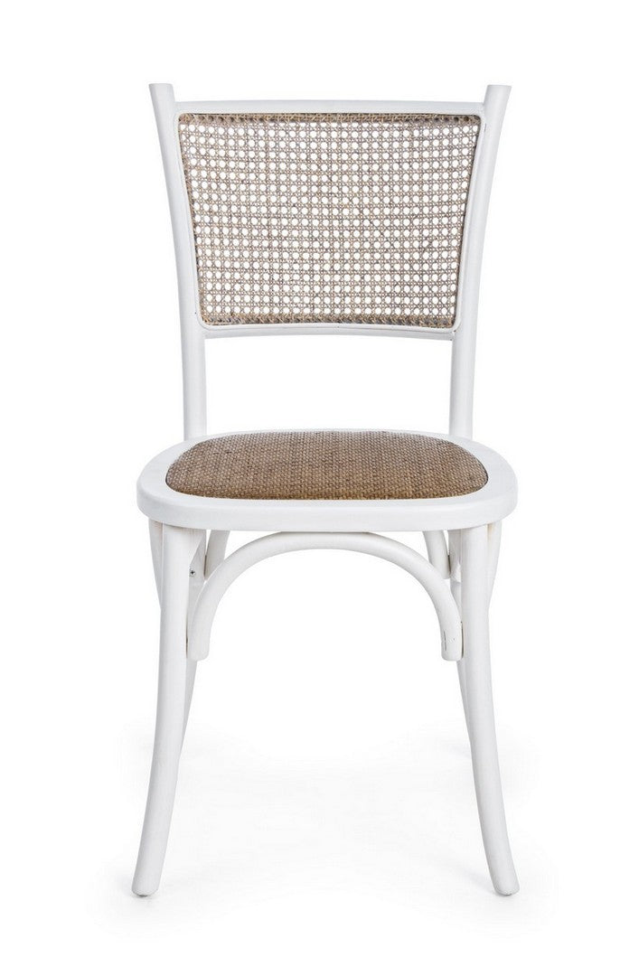 Stuhl Carrel aus Ulmenholz mit Rattan-Sitzfläche und Rückenlehne, erhältlich in Schwarz, Weiß und Natur.