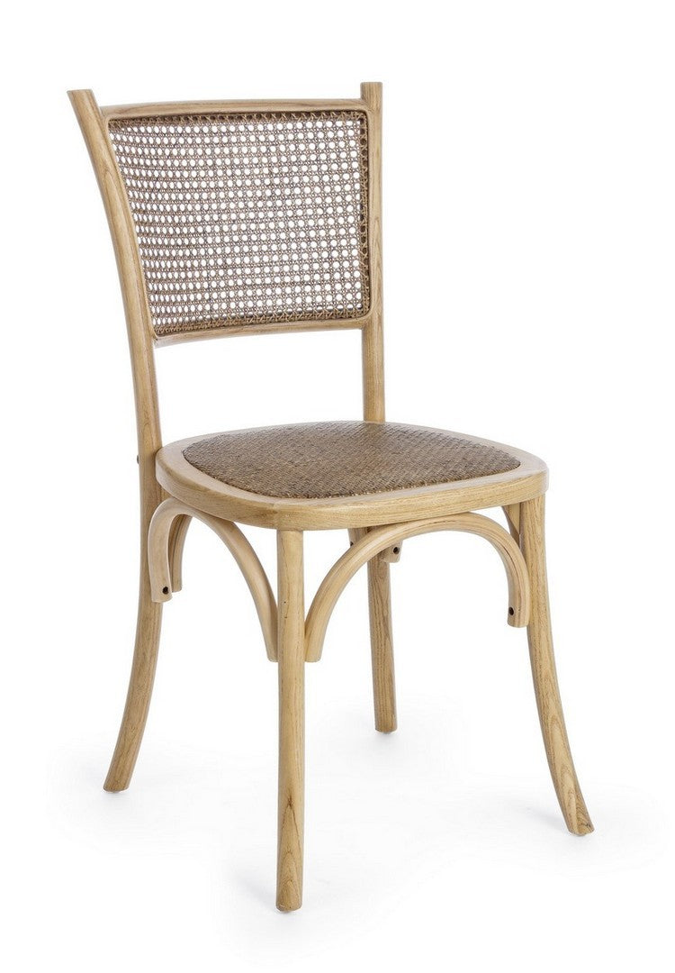 Stuhl Carrel aus Ulmenholz mit Rattan-Sitzfläche und Rückenlehne, erhältlich in Schwarz, Weiß und Natur.