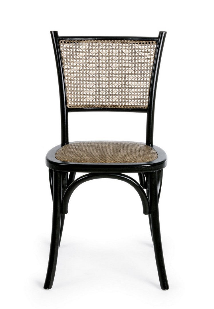 Stuhl Carrel aus Ulmenholz mit Rattan-Sitzfläche und Rückenlehne, erhältlich in Schwarz, Weiß und Natur.
