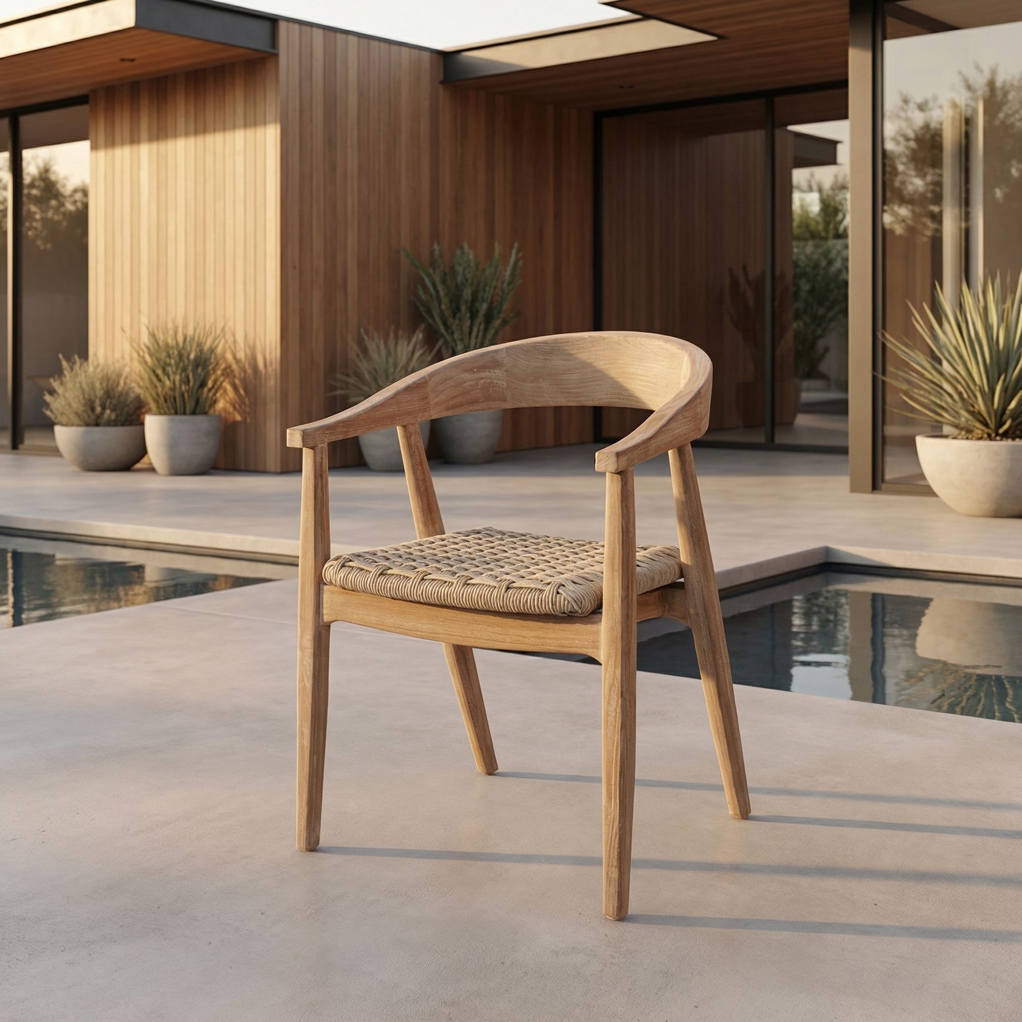 Armlehnenstuhl Faye aus Teakholz mit geflochtenem PE-Sitz, in natürlichem Grau, von Gommaire für den Außenbereich bei STUFF Shop kaufen